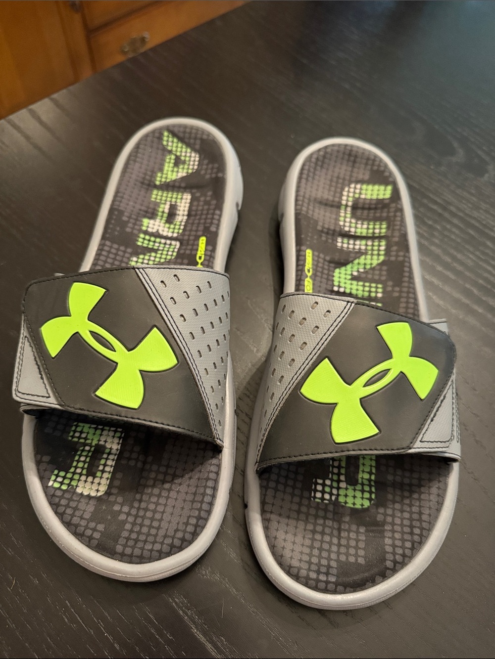 Under Armour Mens Gray Slides with Neon Green Logo